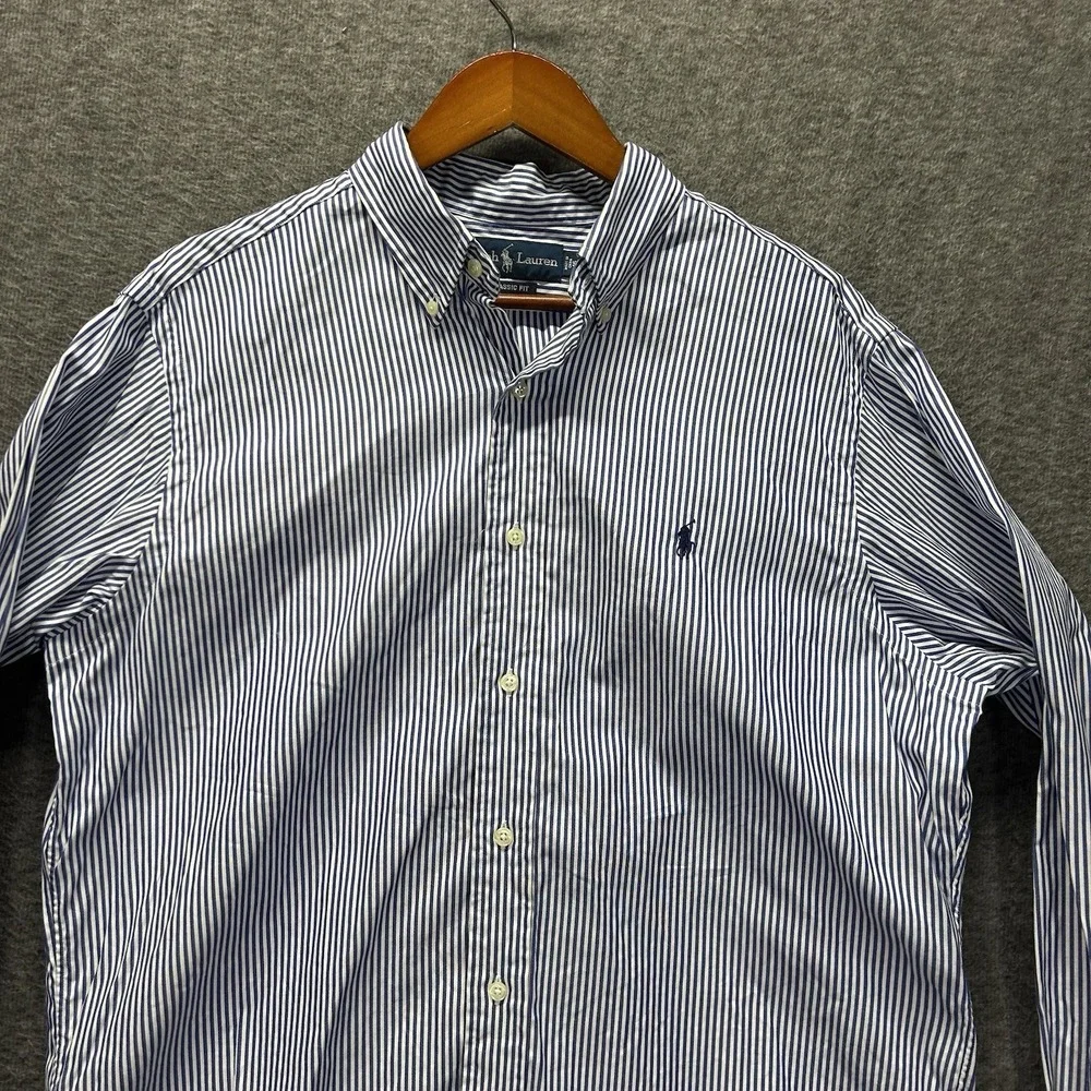 Polo‎ Ralph Lauren Mens 16 34/35 Long Sleeve Button White Striped Classic Fit